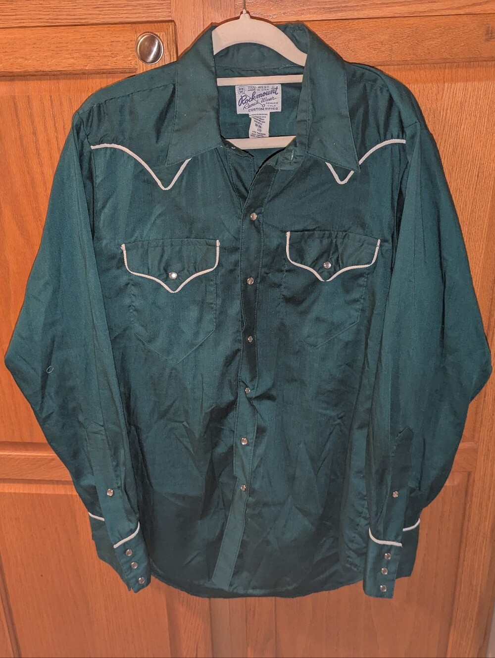 Vintage Rockmount Ranch Wear Western Shirt Men size M pearl snap Green White 